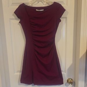 Susan Monaco Red Wine Ruched Short Sleeve Mini Dress